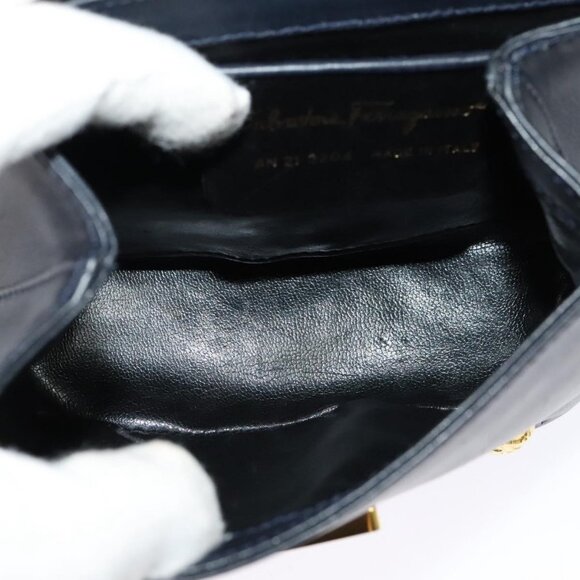 Authentic Salvatore Ferragamo Shoulder Bag Leather Navy Gold - Picture 13 of 16